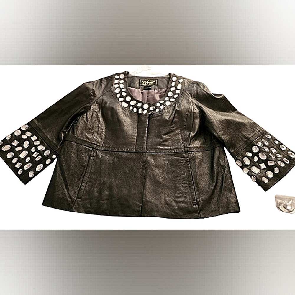 Sharif Studio Black Leather Magnetic Snap Jacket with Acrylic Stones NWOT